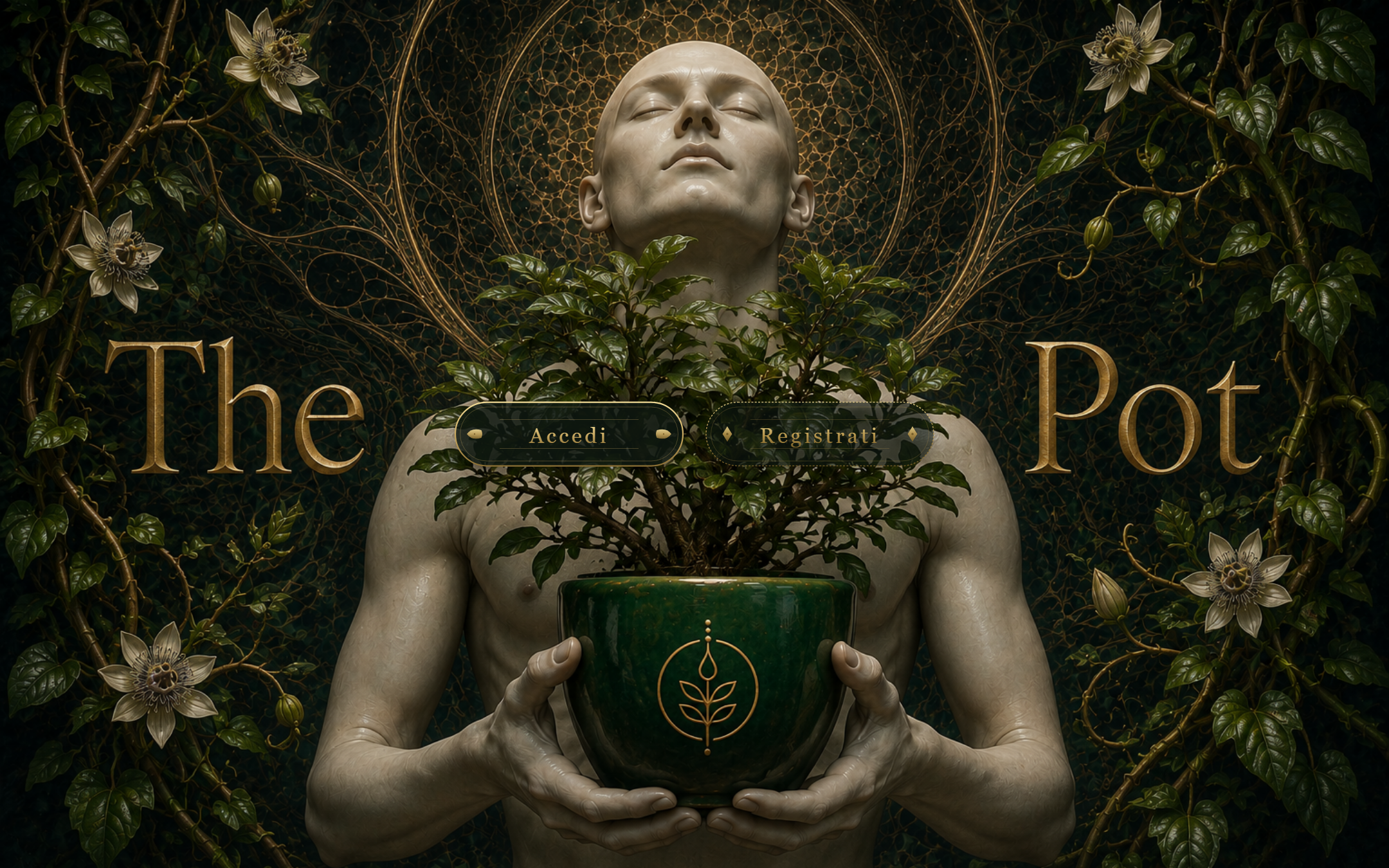 Splash screen di The Pot con i bottoni Accedi e Registrati