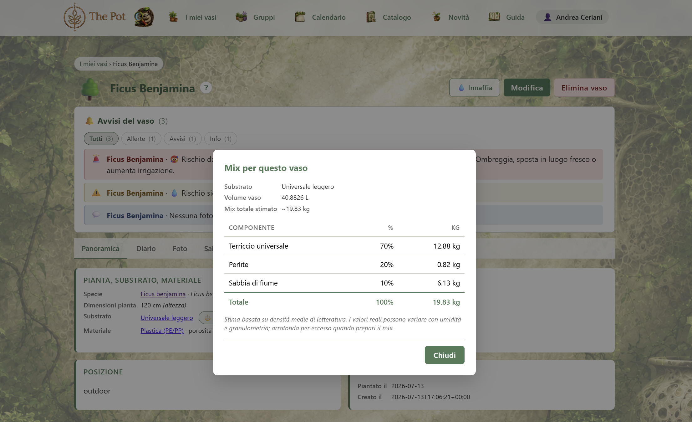 Modal "Calcola mix" con la ripartizione kg per componente