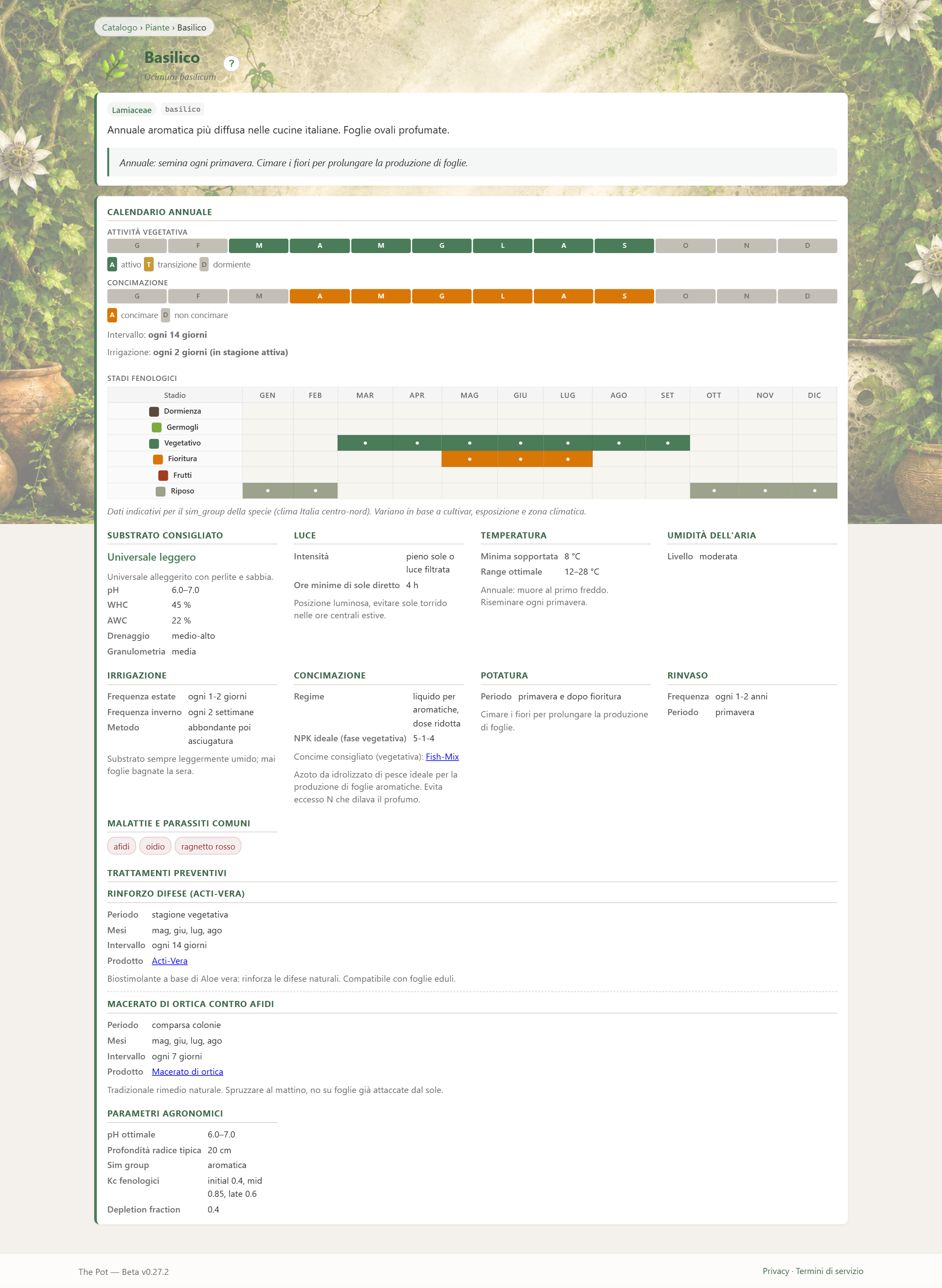 Dettaglio specie con calendario annuale 12 mesi e sezione agronomici