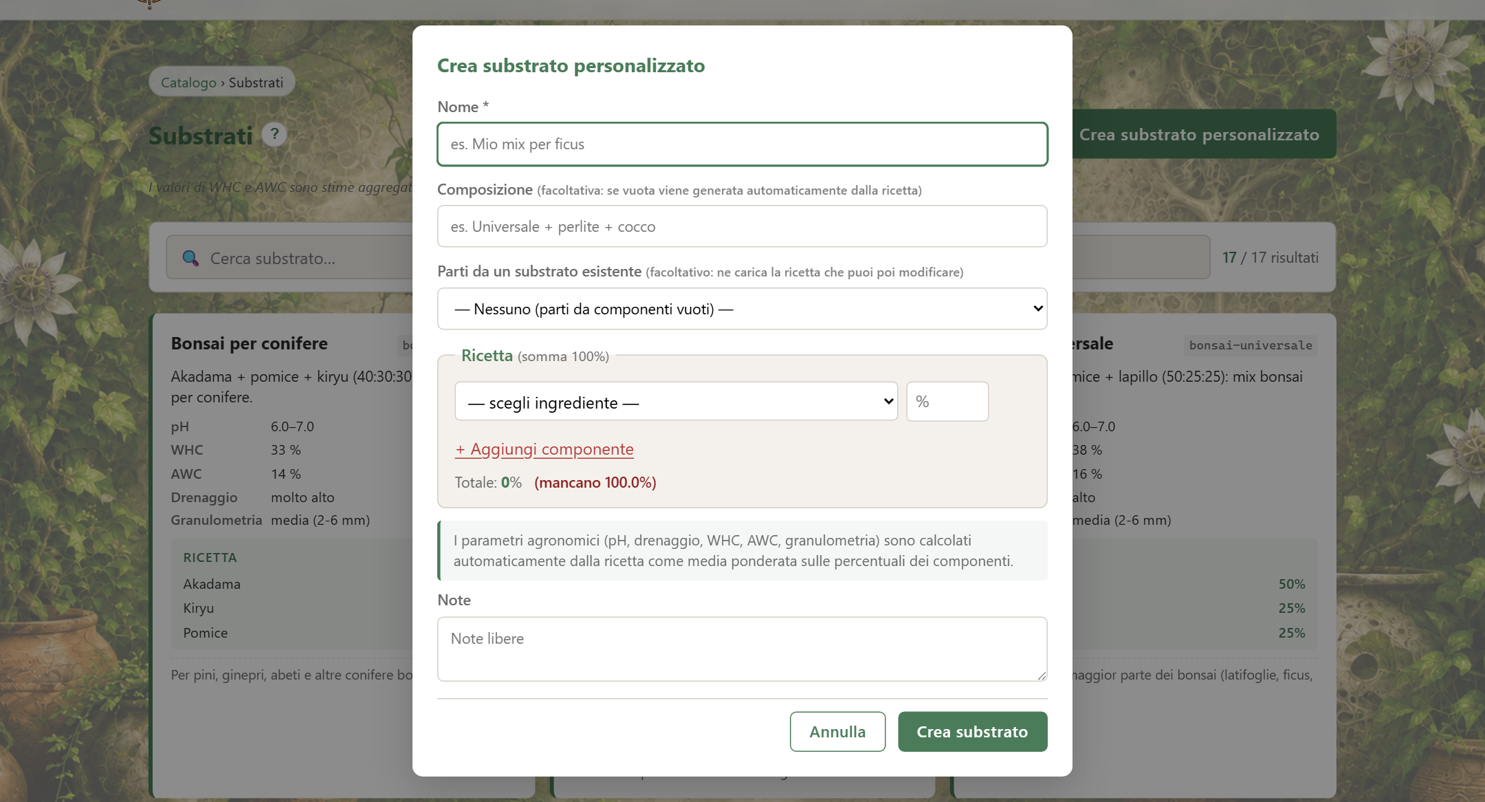 Form nuovo substrato personalizzato con ricetta e contatore 100%