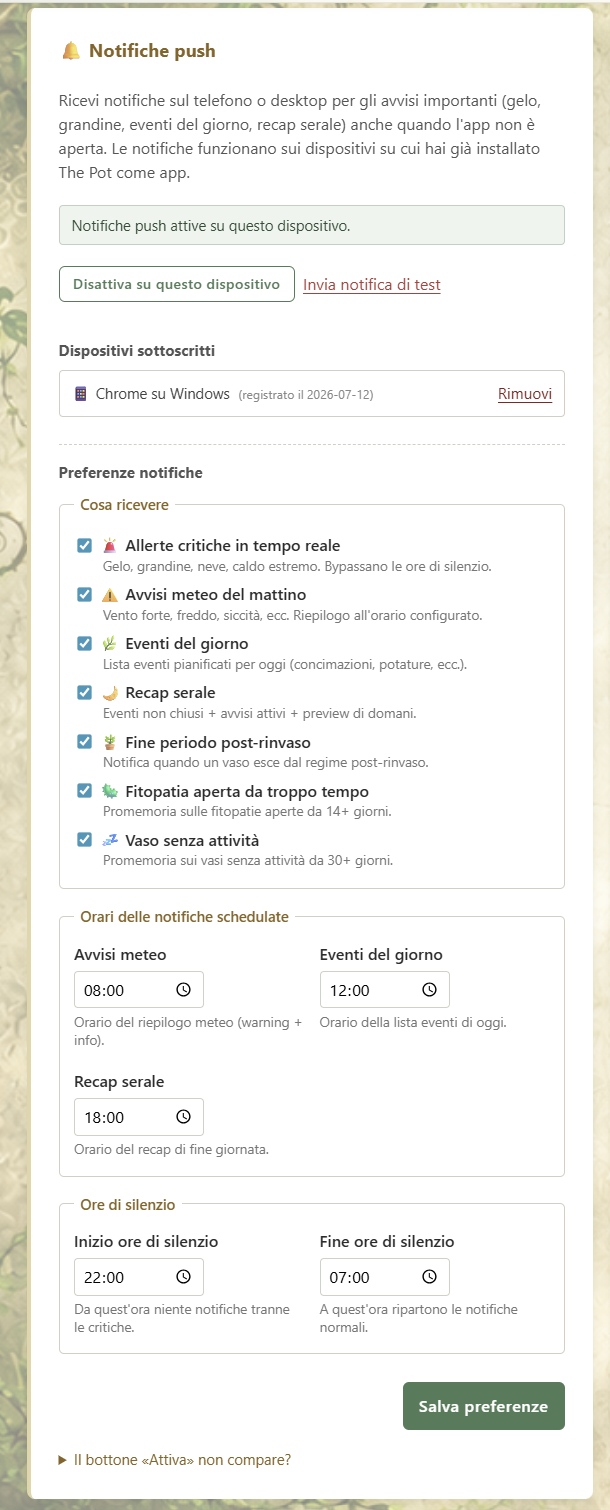Card "Notifiche push" del profilo con interruttore preferenze e orari