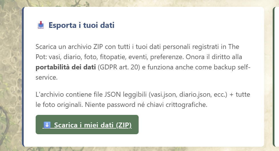 Card "Scarica i miei dati" nel profilo
